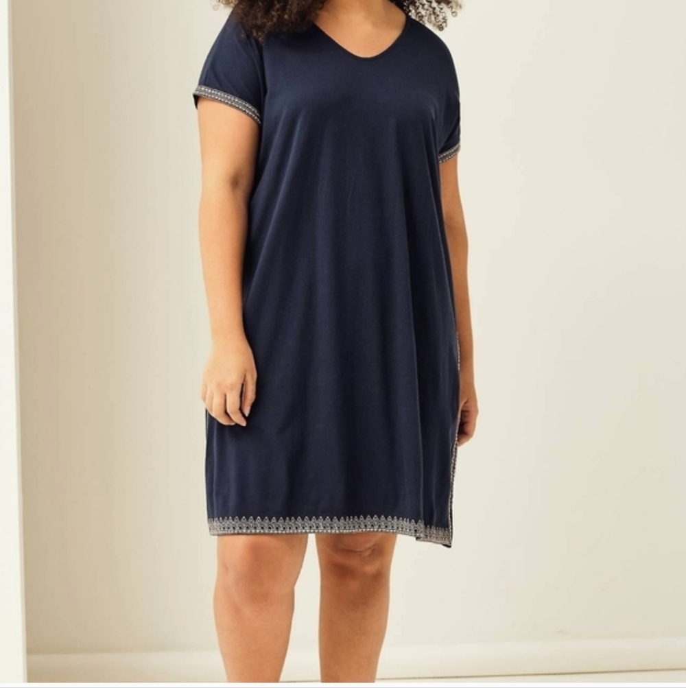 J Jill Relaxed Embroidered T-shirt Dress Size Large Pure Jill Navy Blue Pullover
